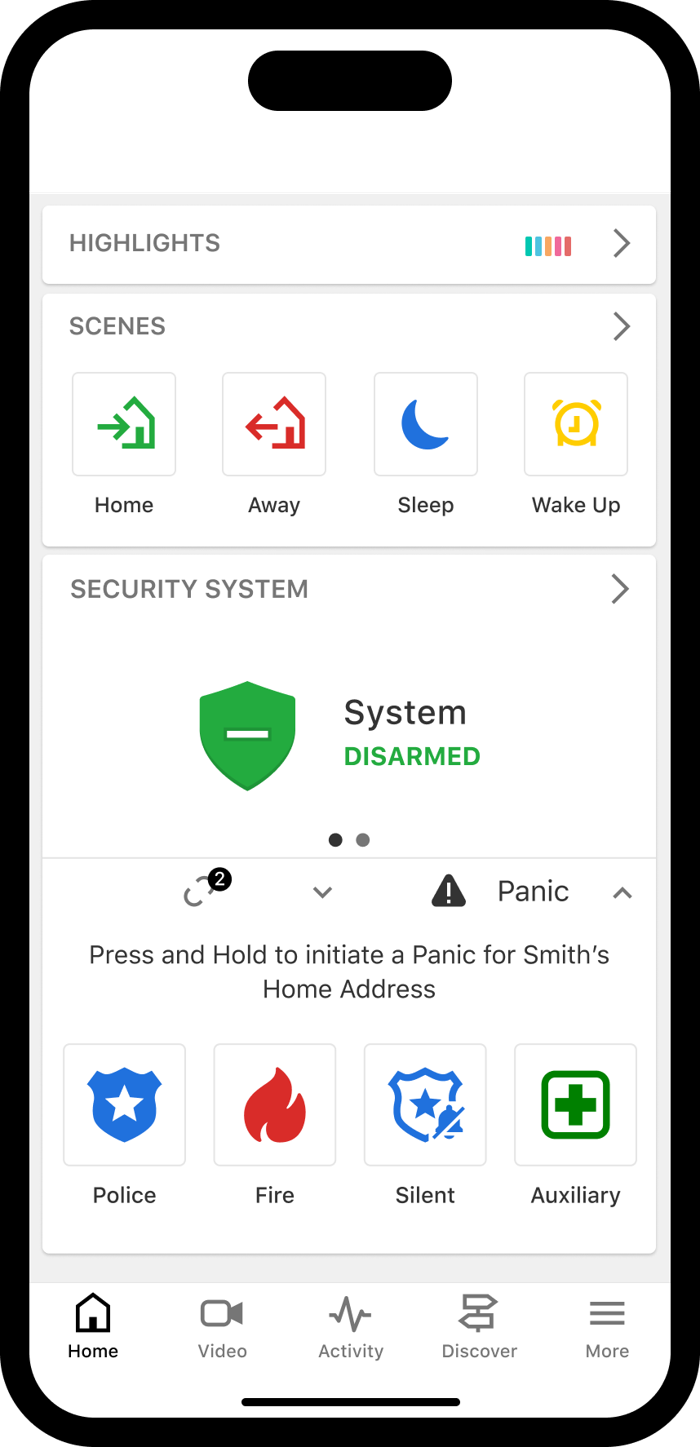 Alarm.com app home screen showing security system status